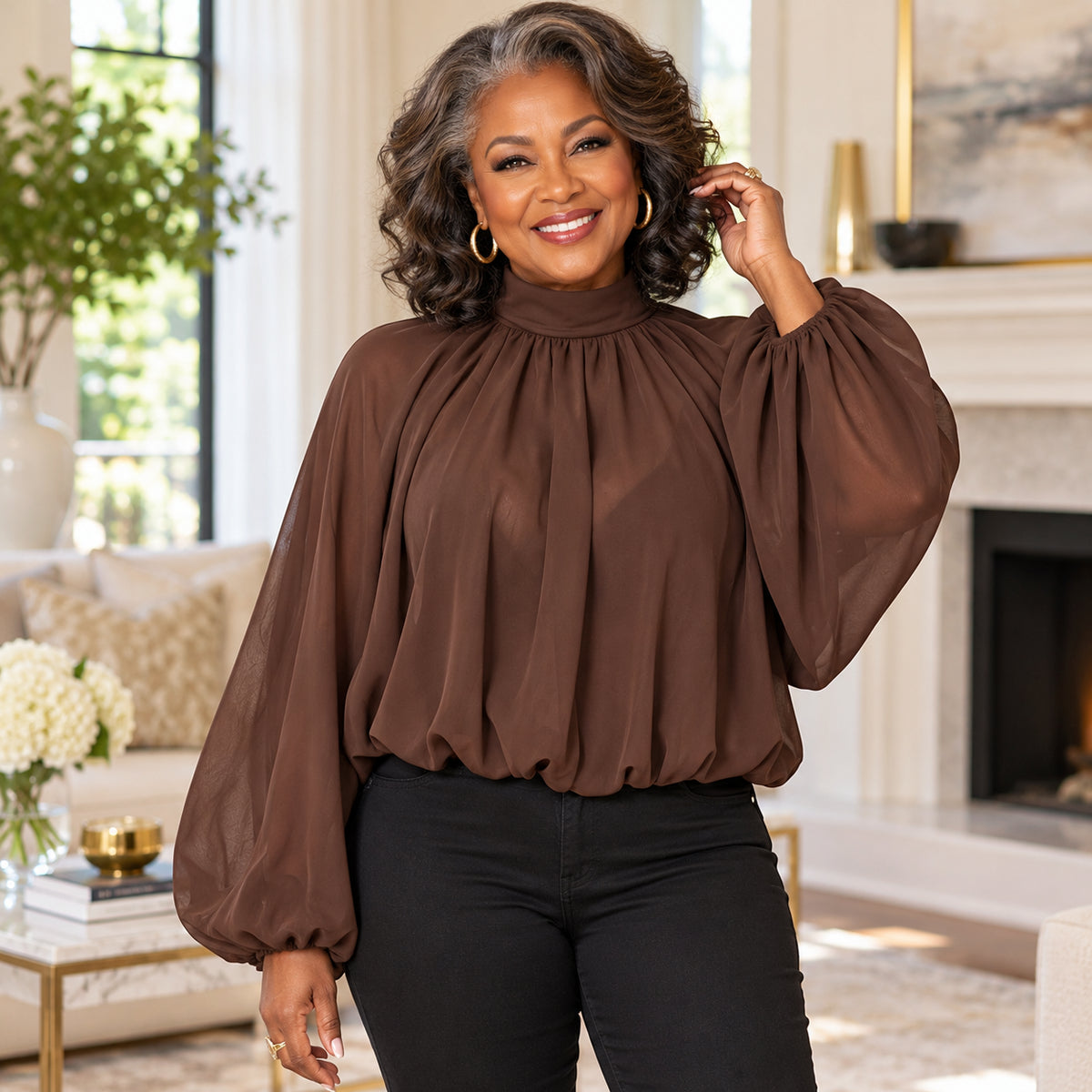 Women's Elegant Mock Neck Lantern Sleeve Blouse