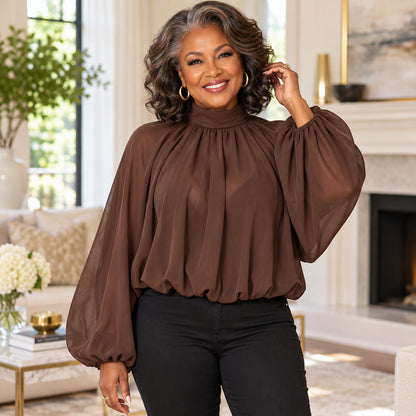 Women's Elegant Mock Neck Lantern Sleeve Blouse