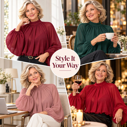 Women's Elegant Mock Neck Lantern Sleeve Blouse