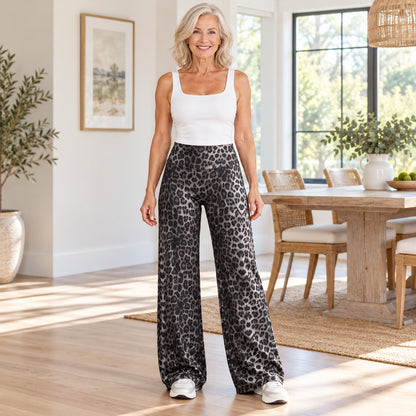 Women's High-Waisted Leopard Print Stretch Wide-Leg Pants