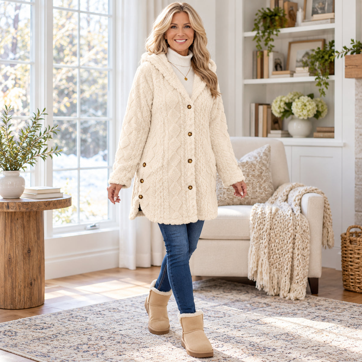 Women's Warm Cable-Knit Hooded Cardigan