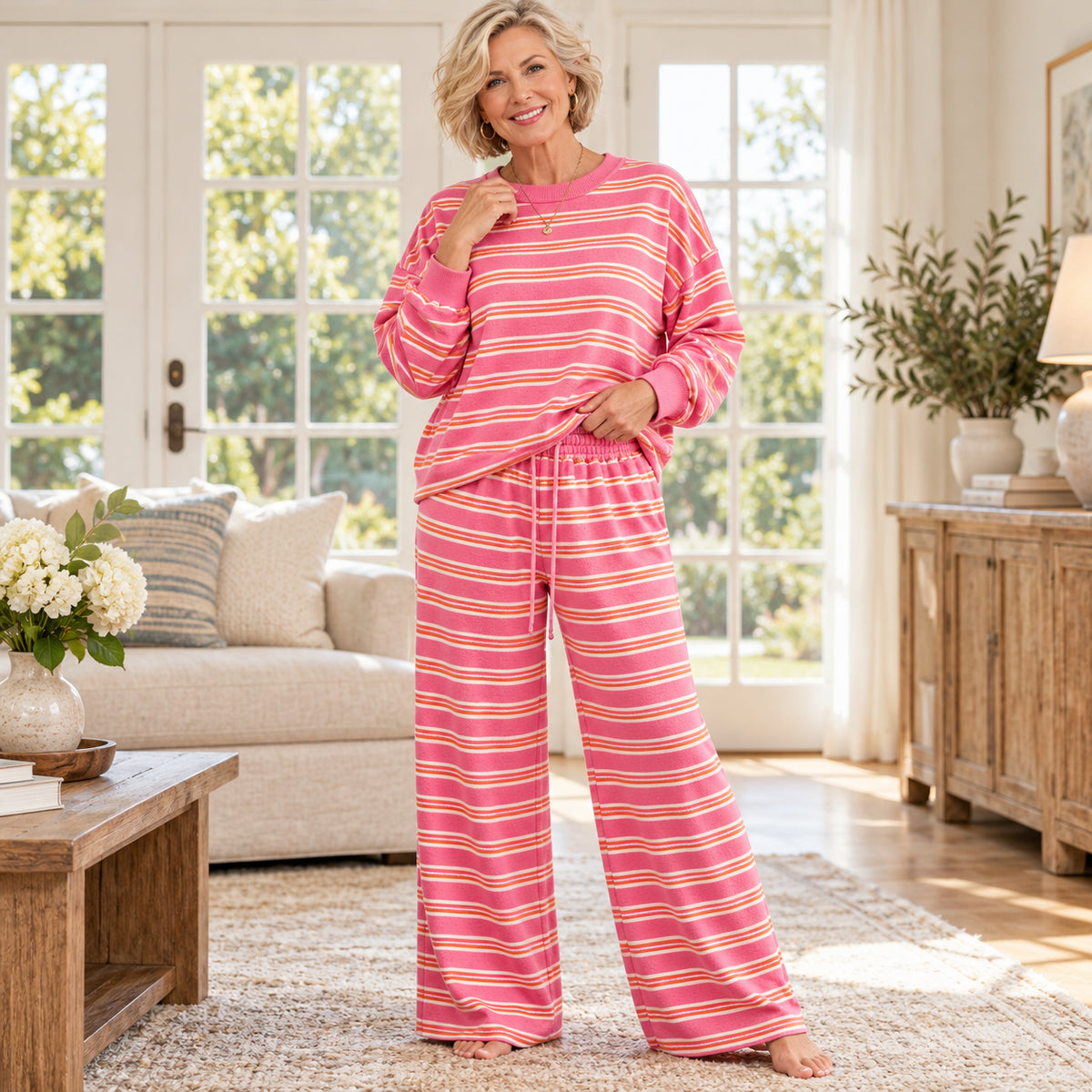 Women's Striped Open-Back Wide-Leg Casual Set