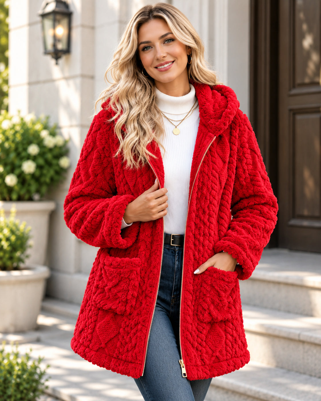 Women's Cozy Cable-Knit Hooded Zip-Up Cardigan