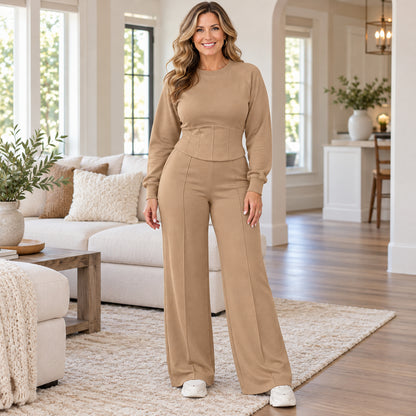 Women's Elegant Contoured Waist Top & Wide-Leg Pants Set