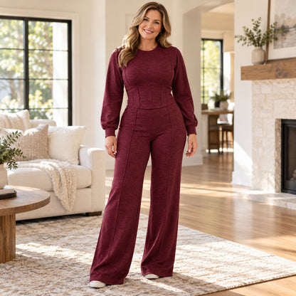 Women's Elegant Contoured Waist Top & Wide-Leg Pants Set