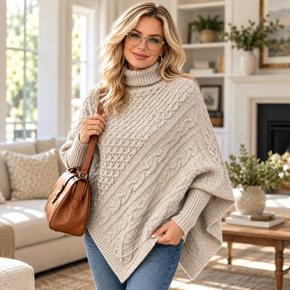Women's Cozy Cable-Knit Turtleneck Poncho Sweater