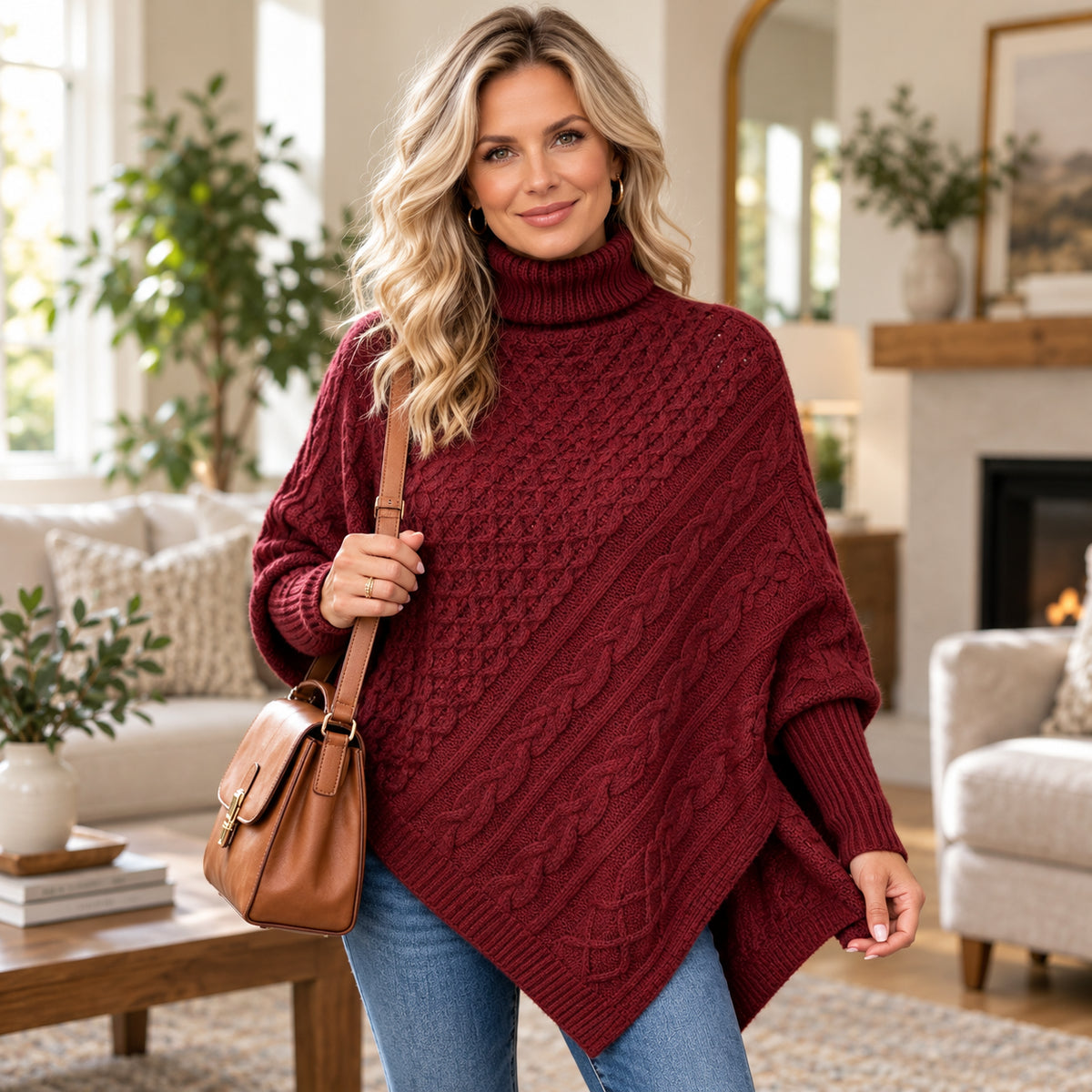 Women's Cozy Cable-Knit Turtleneck Poncho Sweater