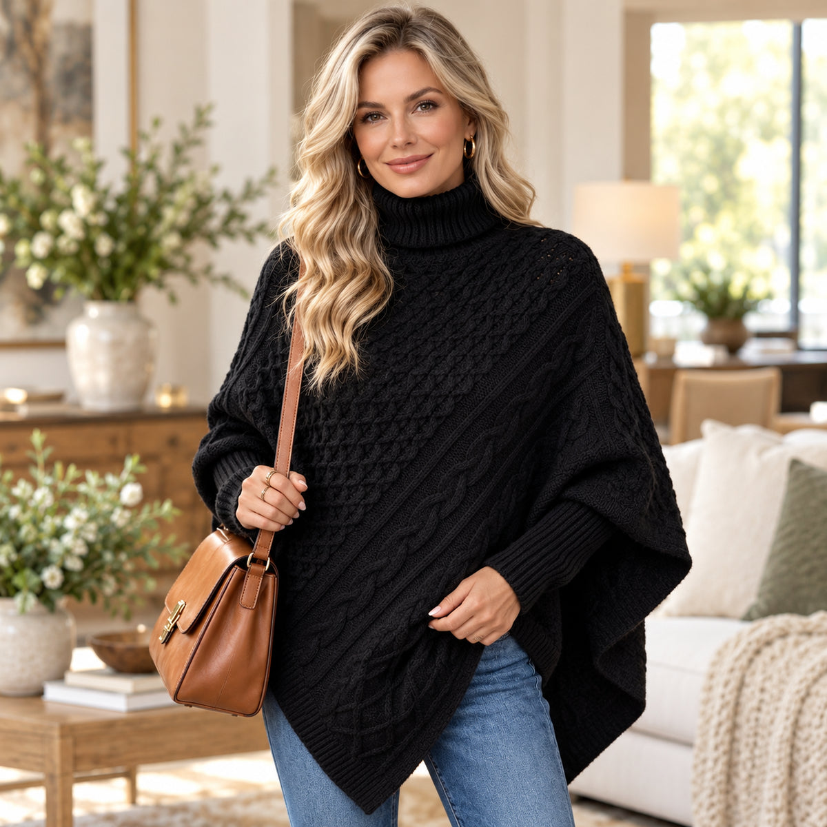 Women's Cozy Cable-Knit Turtleneck Poncho Sweater