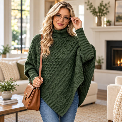 Women's Cozy Cable-Knit Turtleneck Poncho Sweater