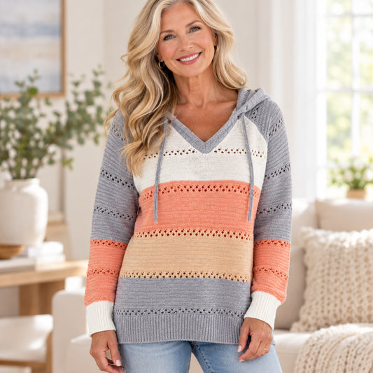 Women’s Colorblock Open-Knit Hooded Sweater