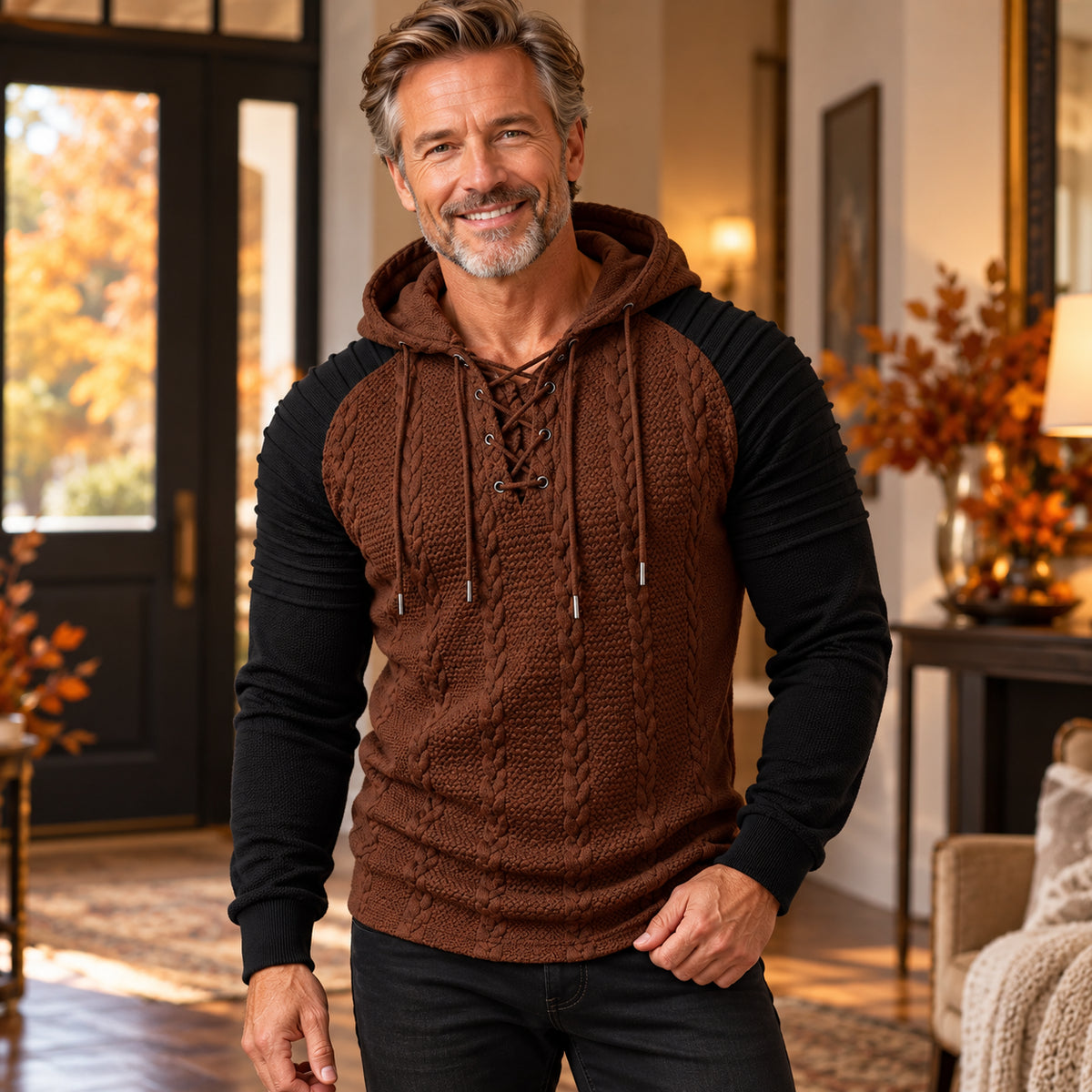 Men’s Textured Cable-Knit Lace-Up Hooded Pullover