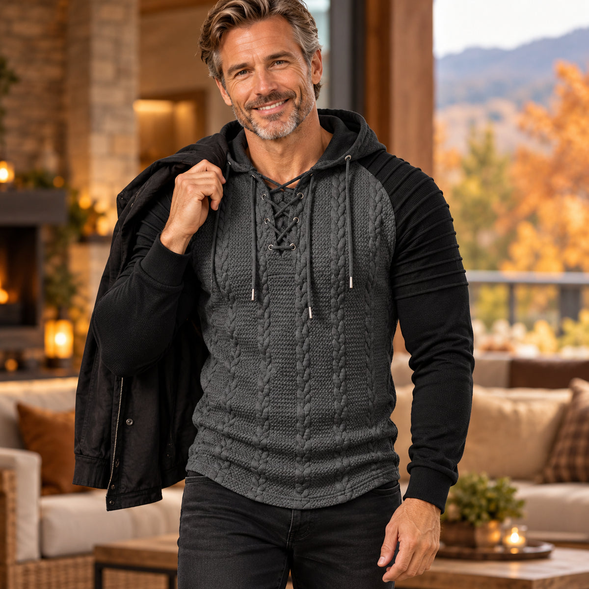 Men’s Textured Cable-Knit Lace-Up Hooded Pullover