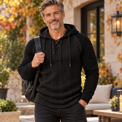 Men’s Textured Cable-Knit Lace-Up Hooded Pullover