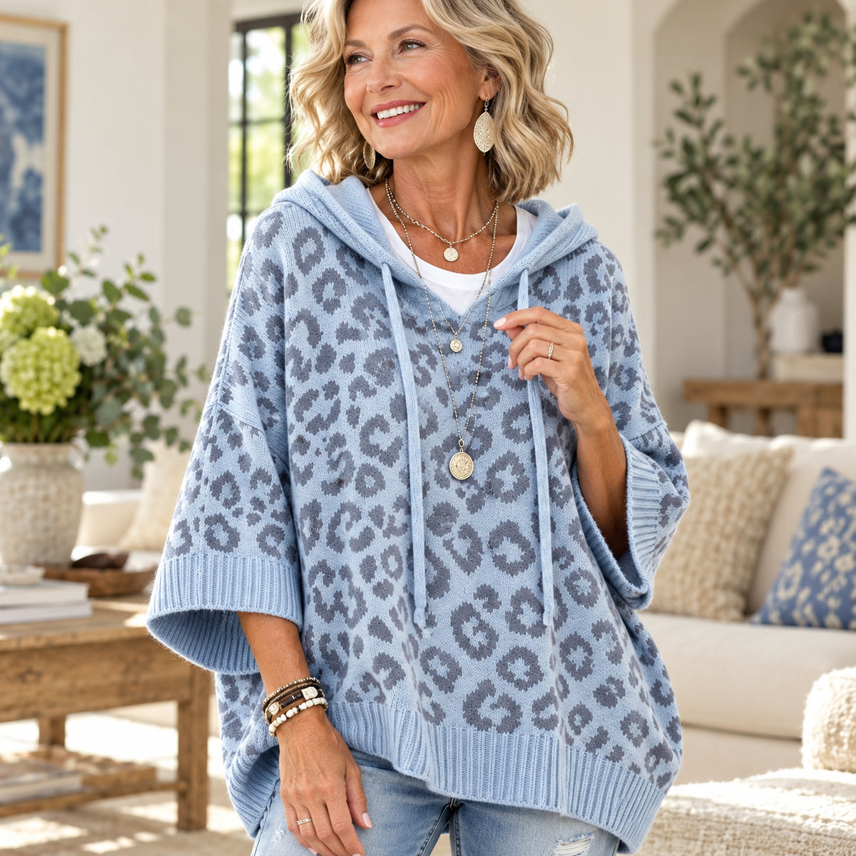 Women’s Leopard Print Hooded Poncho Sweater