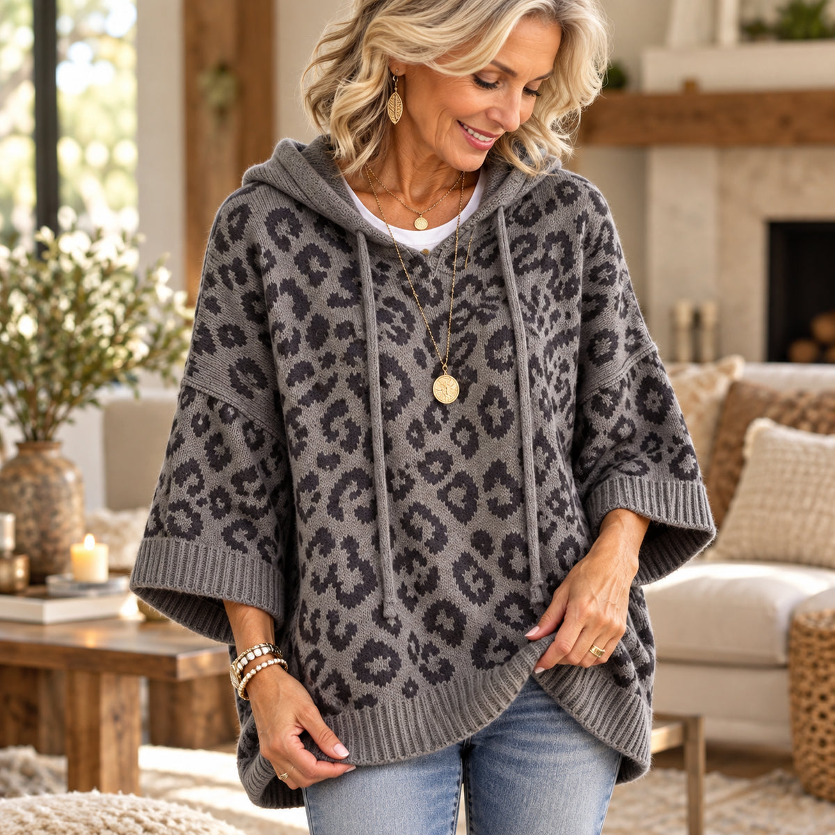 Women’s Leopard Print Hooded Poncho Sweater