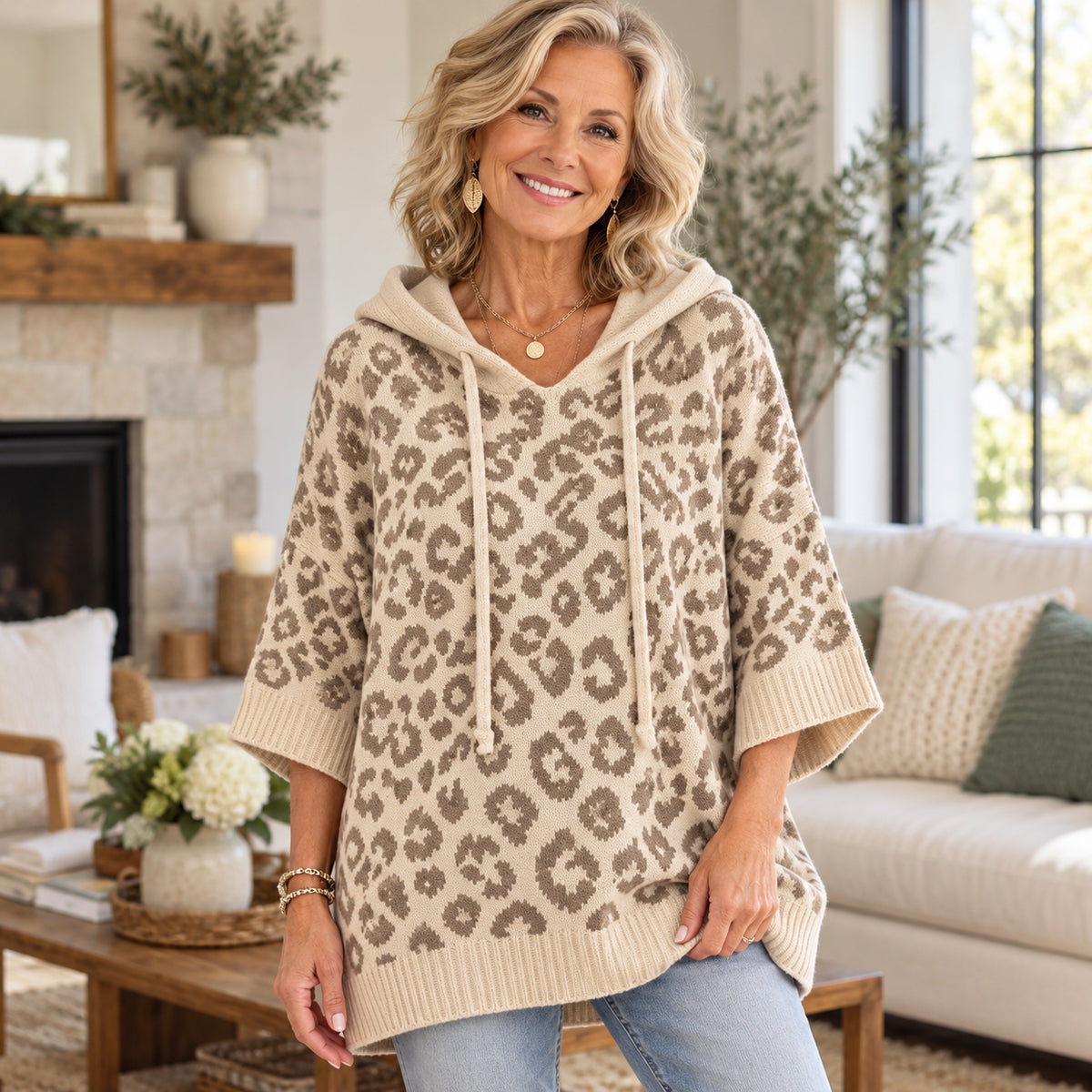 Women’s Leopard Print Hooded Poncho Sweater