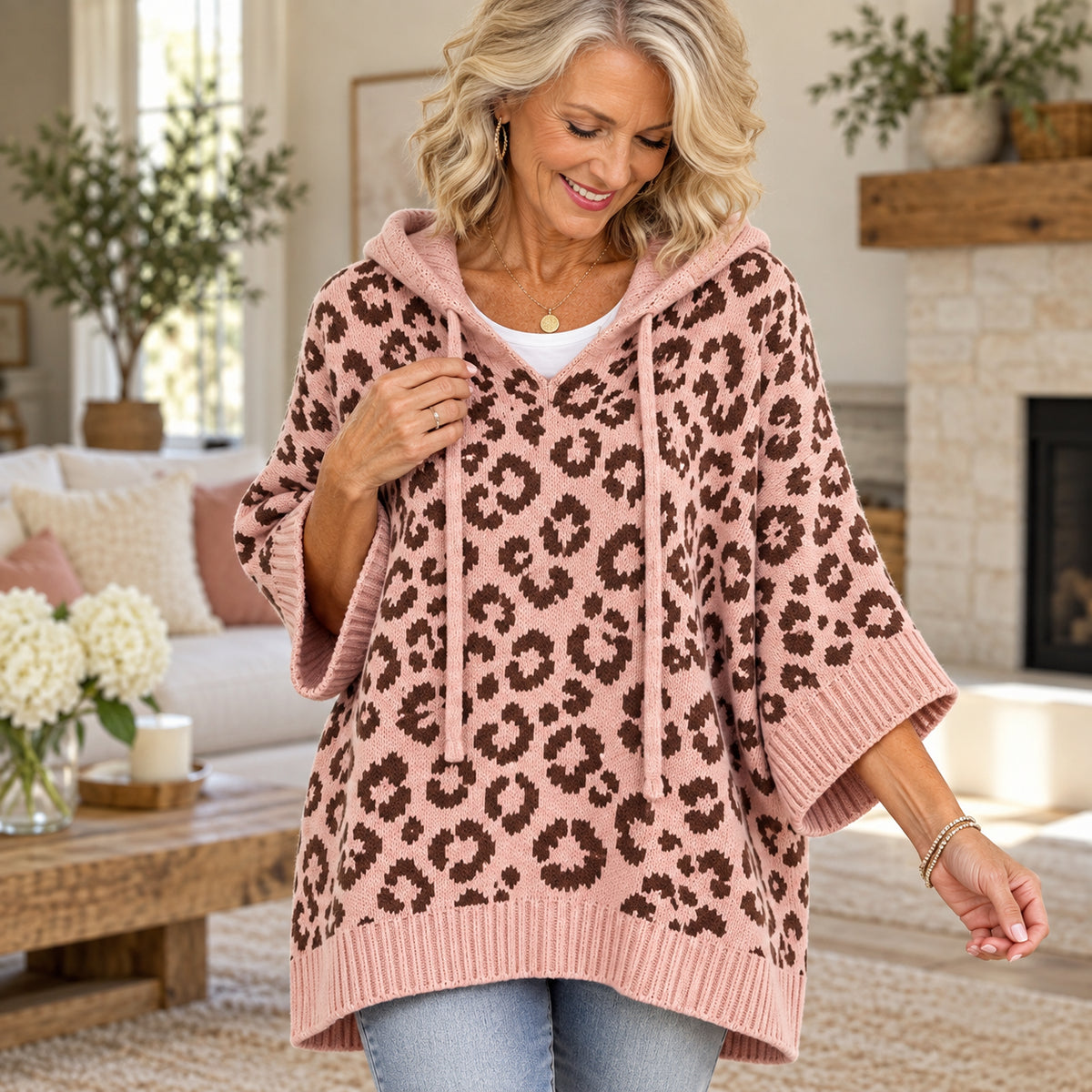 Women’s Leopard Print Hooded Poncho Sweater