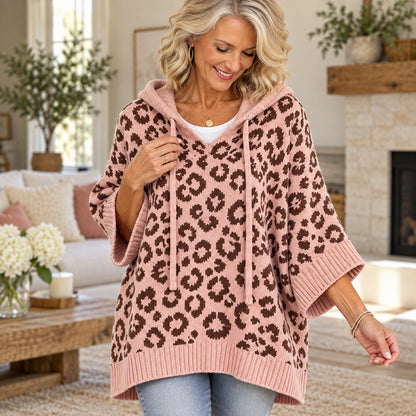 Women’s Leopard Print Hooded Poncho Sweater