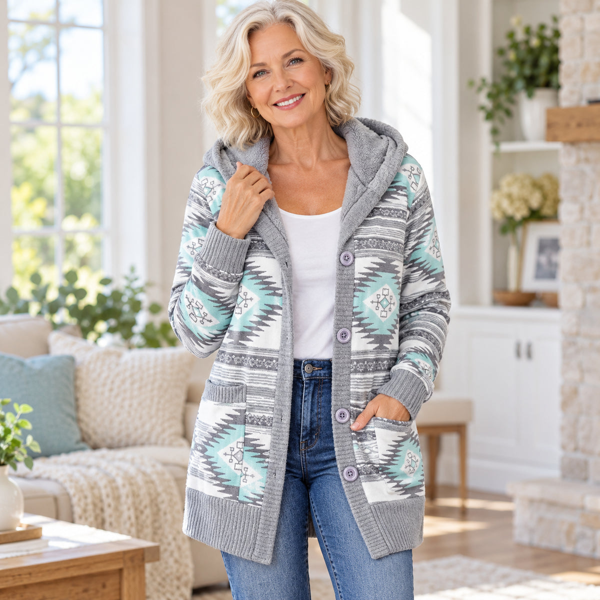 Women’s Plush-Lined Hooded Patterned Cardigan