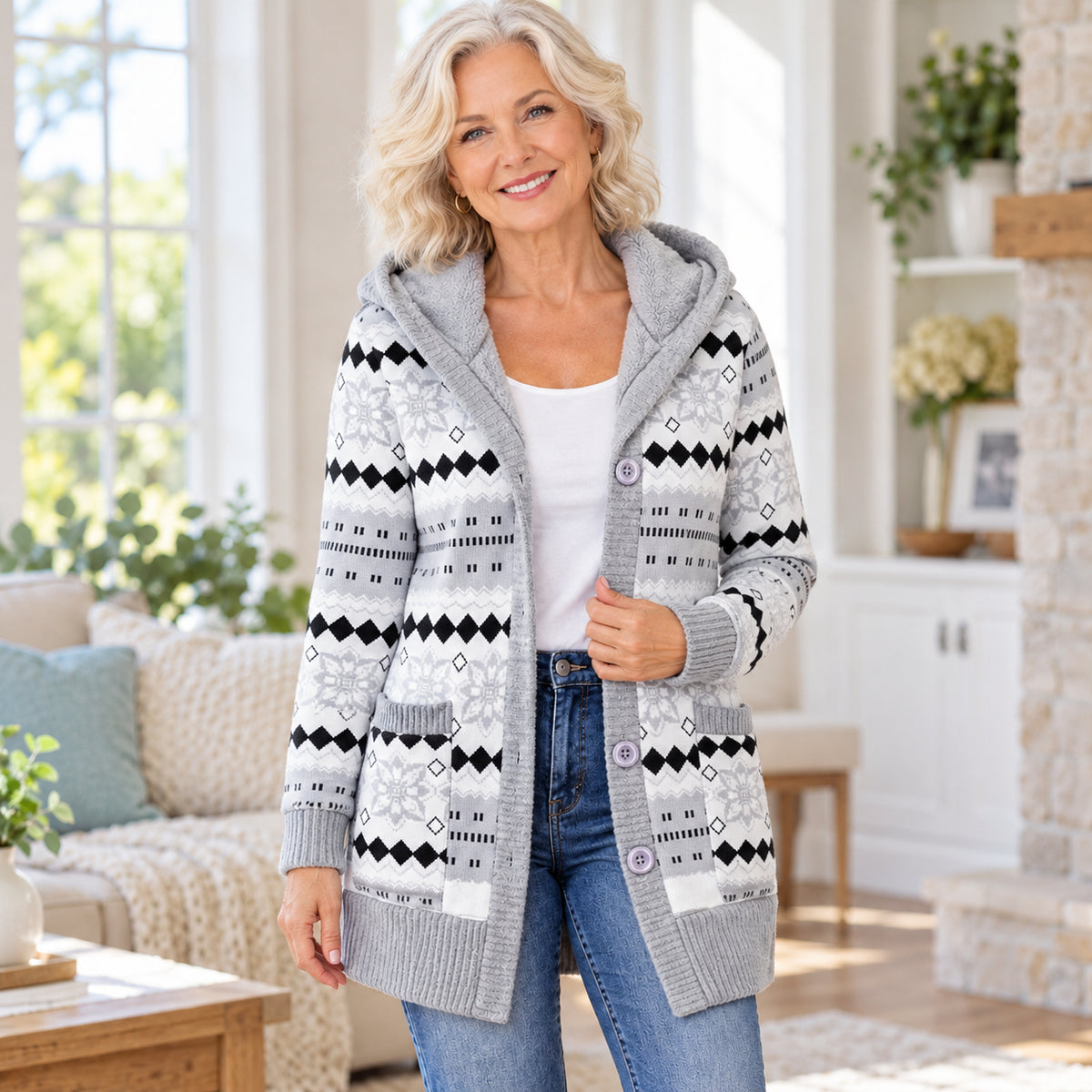 Women’s Plush-Lined Hooded Patterned Cardigan