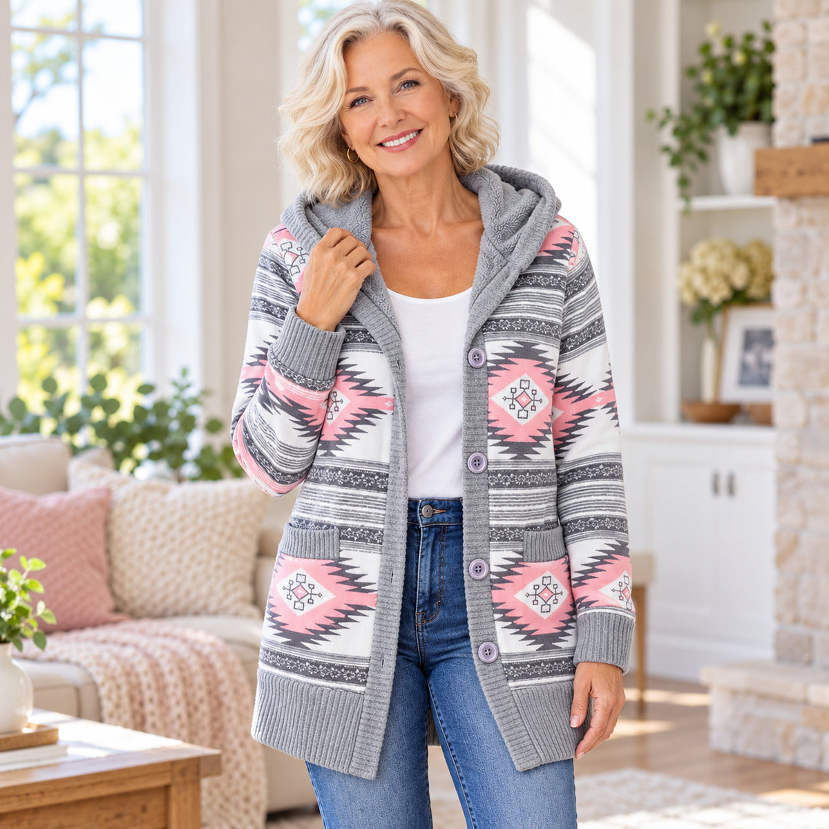 Women’s Plush-Lined Hooded Patterned Cardigan