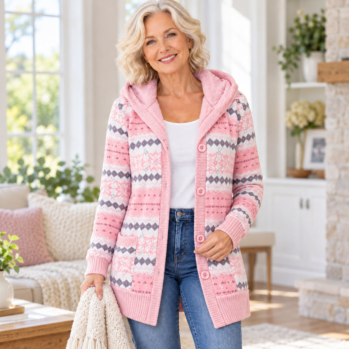Women’s Plush-Lined Hooded Patterned Cardigan