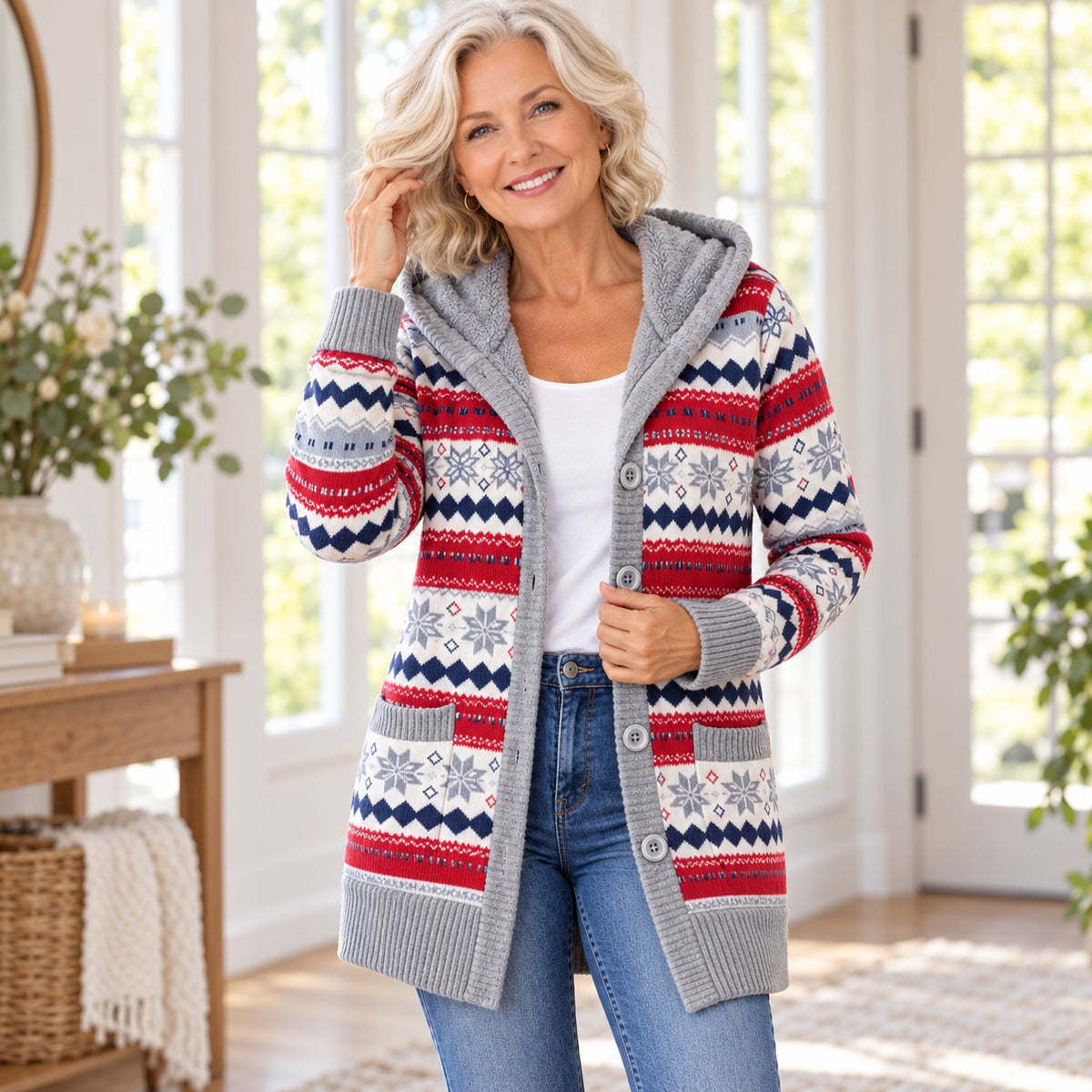 Women’s Plush-Lined Hooded Patterned Cardigan