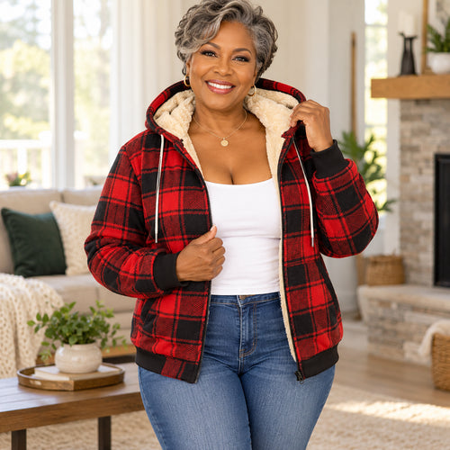 Women's Warm Fleece-Lined Plaid Hoodie