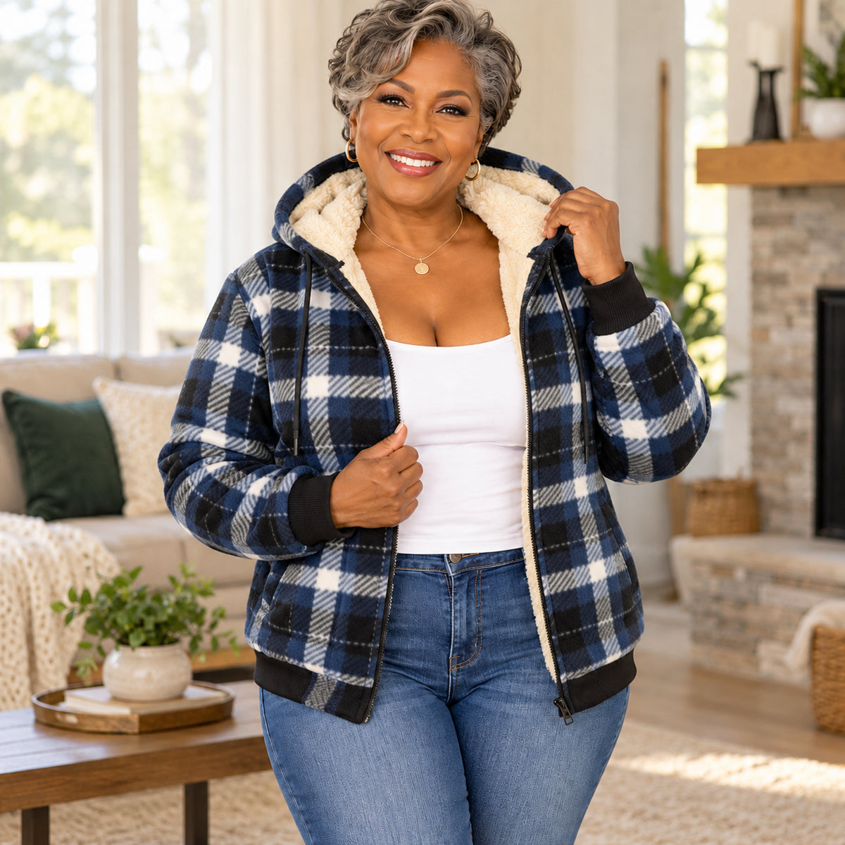 Women's Warm Fleece-Lined Plaid Hoodie