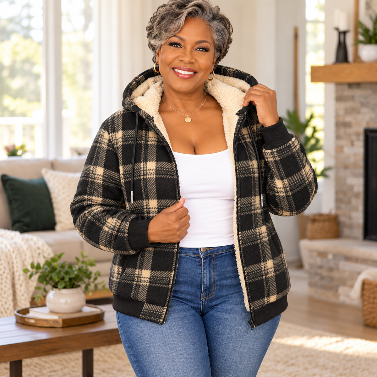 Women's Warm Fleece-Lined Plaid Hoodie