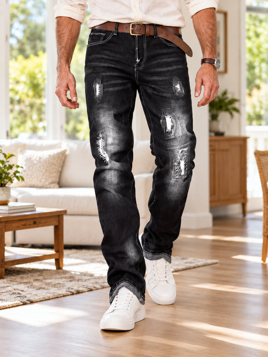 Men’s Stretch Distressed Straight-Leg Jeans
