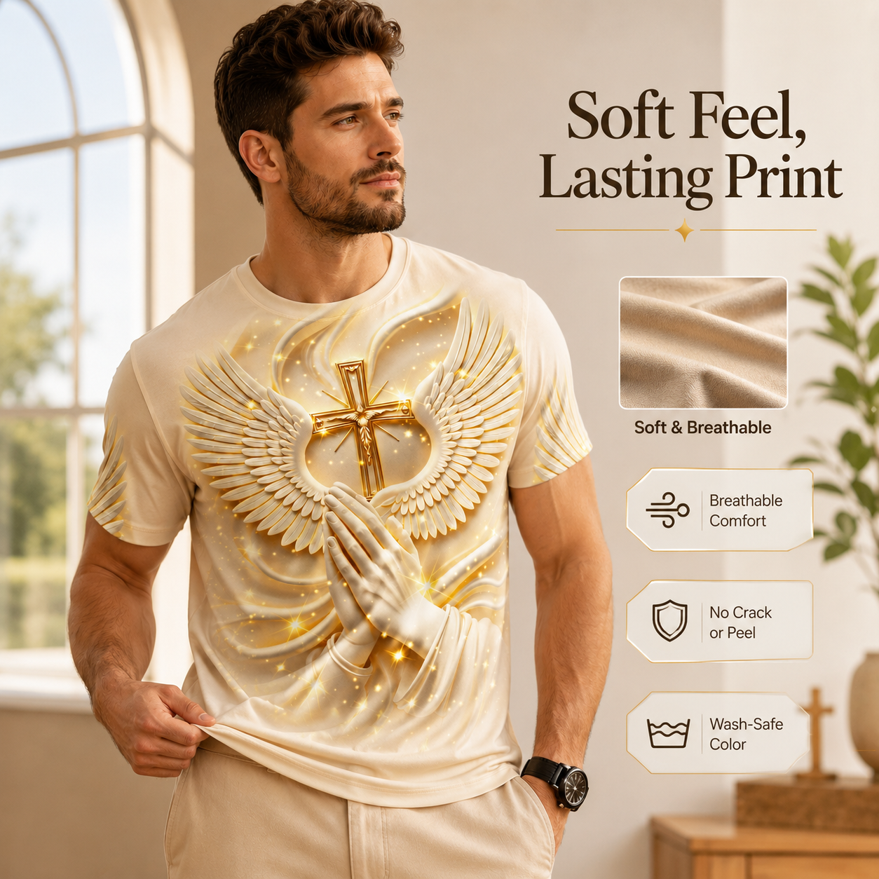 Men's 3D Religious Cross & Angel Wings T-Shirt