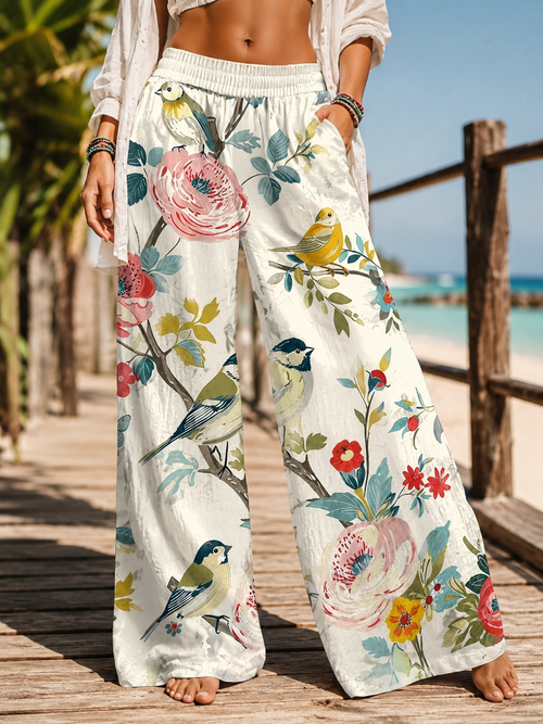 🌸 Women's Boho Floral &amp; Bird Print Wide-Leg Pants