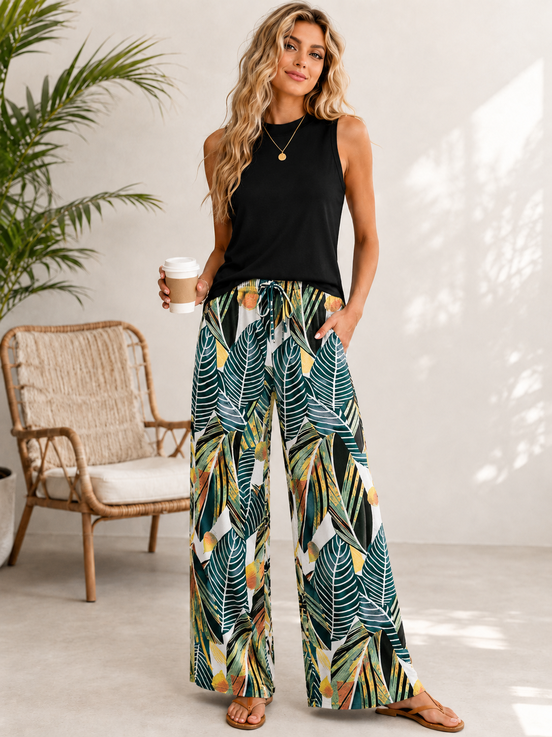 🌸 Women's Plain Sleeveless Top & Flower Print Pants Two-Piece Set