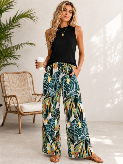 🌸 Women's Plain Sleeveless Top & Flower Print Pants Two-Piece Set