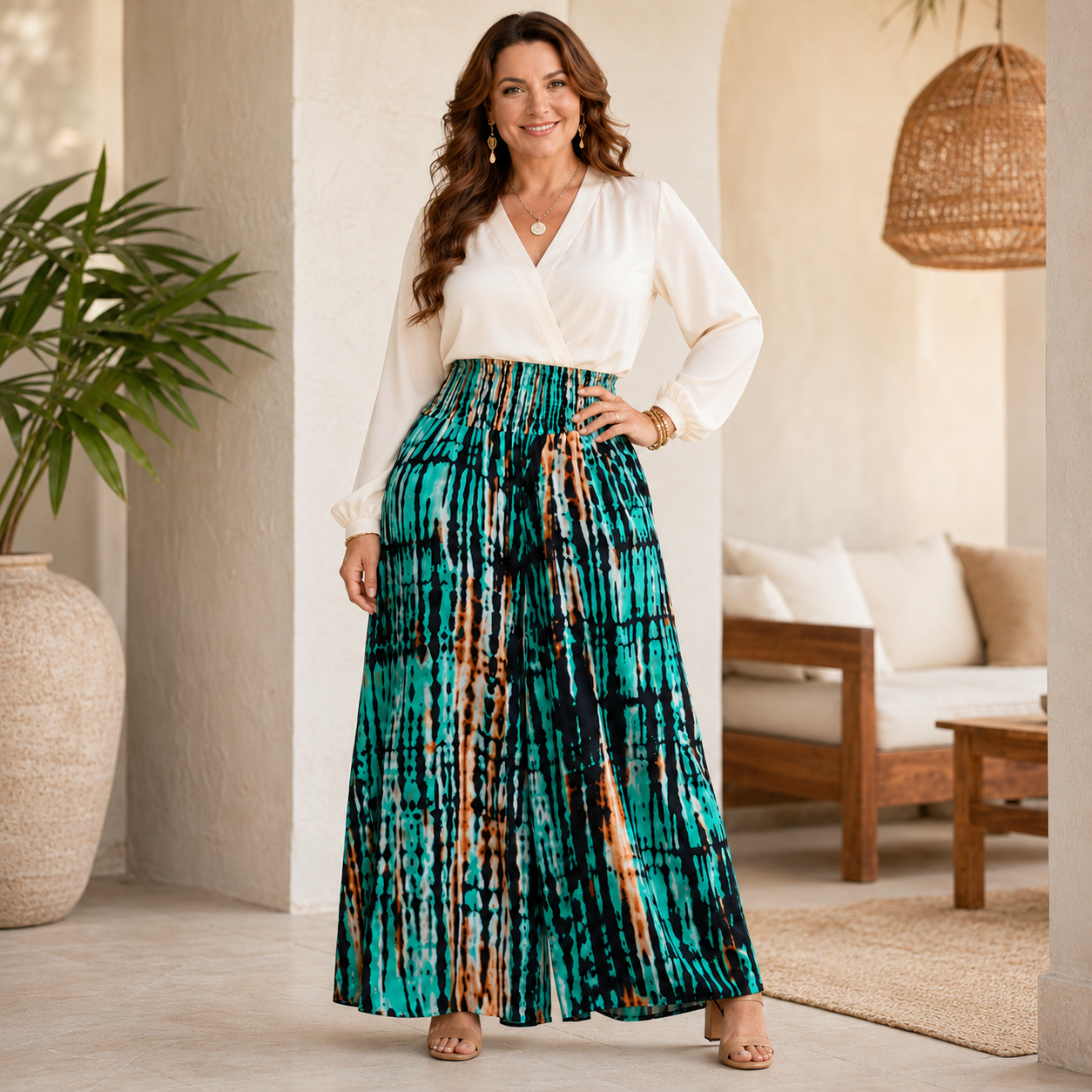 🌺 Plus-Size Boho Tie-Dye Wide-Leg Pant