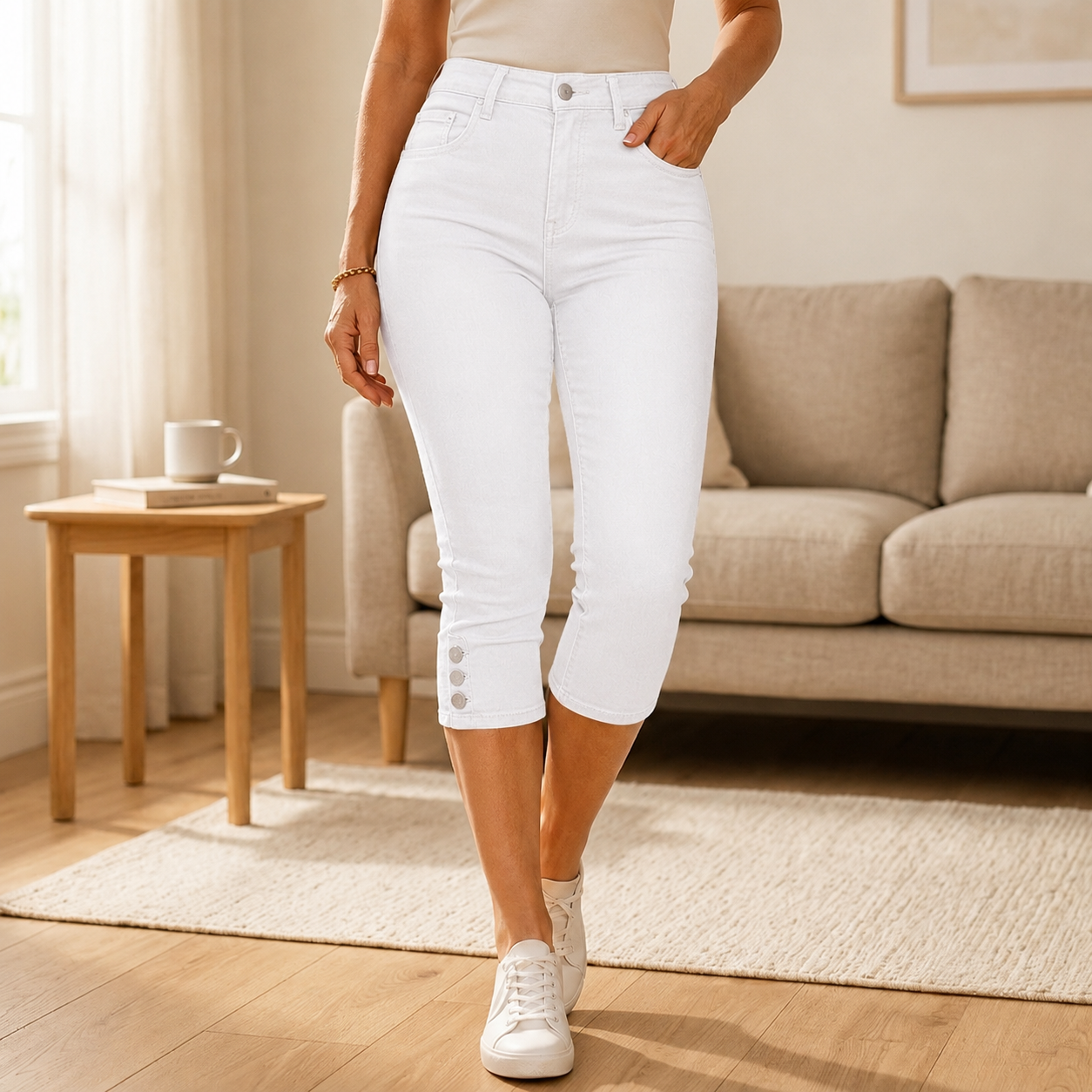 👖 Women's High-Waisted Button-Hem Capri Jeans