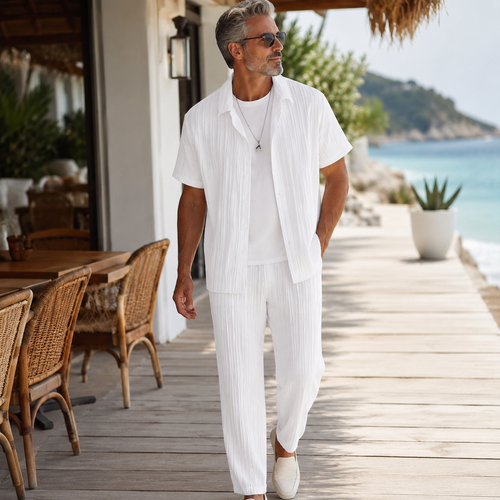⭐ Men's Textured Short Sleeve Shirt & Pants 2-Piece Set
