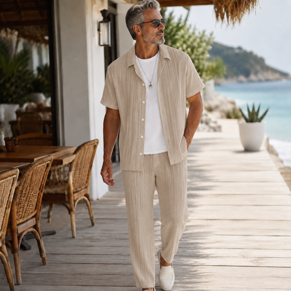 ⭐ Men's Textured Short Sleeve Shirt & Pants 2-Piece Set