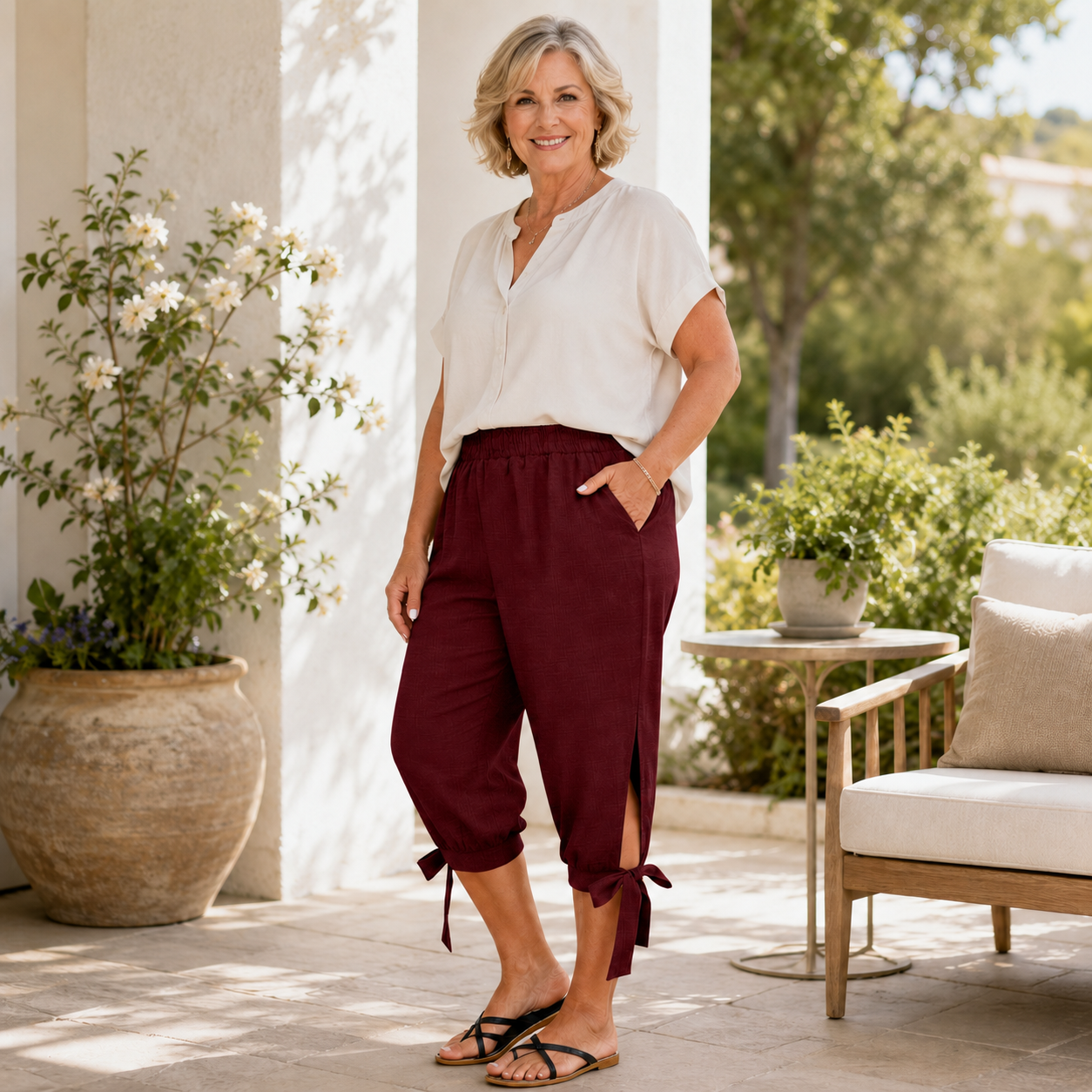 🩳 Women’s Plus Size Side-Slit Bow Capri Pants