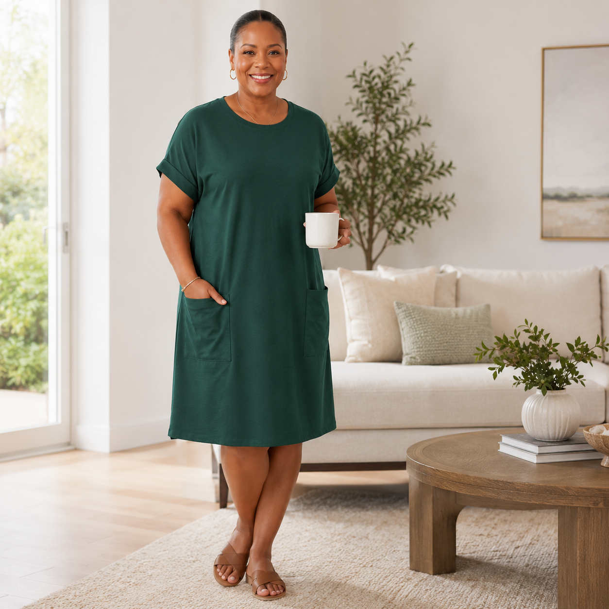 Women’s Solid Batwing Sleeve Pocket Tee Dress