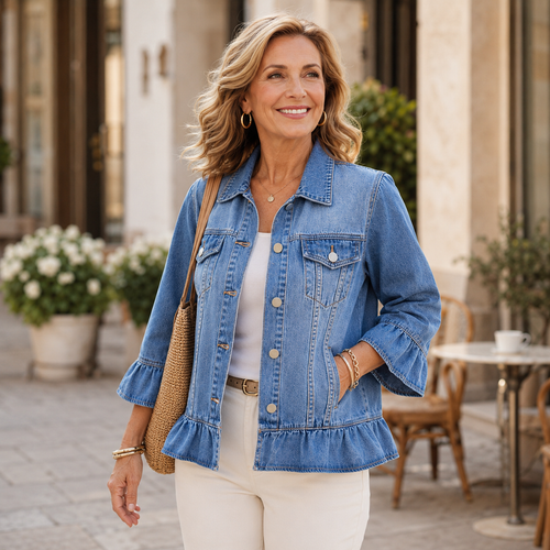 Women’s Ruffle-Hem 3/4 Sleeve Denim Jacket