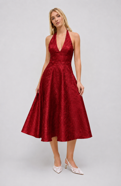 Floral Jacquard Halter Maxi Dress – Lace-Up Wedding Guest Dress