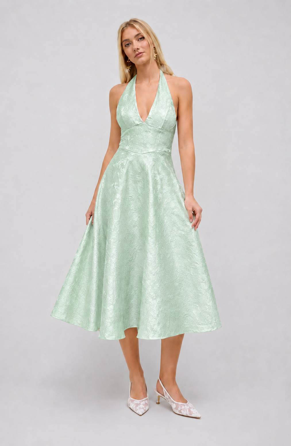 Floral Jacquard Halter Maxi Dress – Lace-Up Wedding Guest Dress