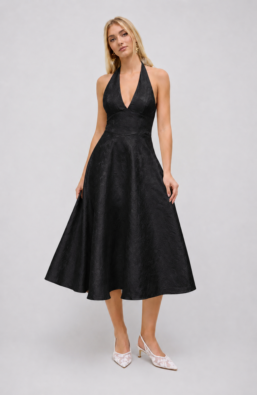 Floral Jacquard Halter Maxi Dress – Lace-Up Wedding Guest Dress