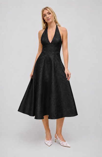 Floral Jacquard Halter Maxi Dress – Lace-Up Wedding Guest Dress