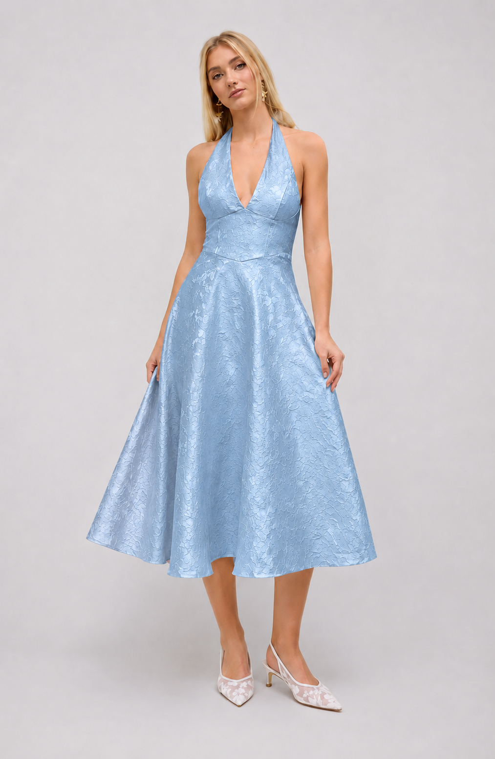 Floral Jacquard Halter Maxi Dress – Lace-Up Wedding Guest Dress