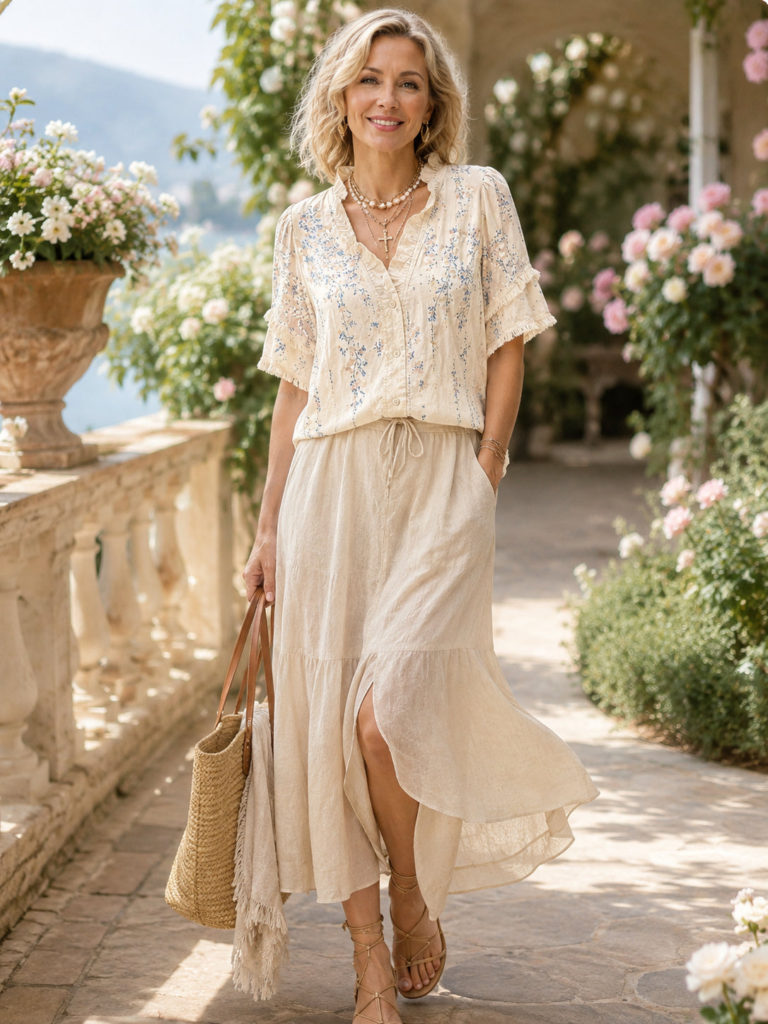 Women’s Boho Floral Short Sleeve Ruffle Top
