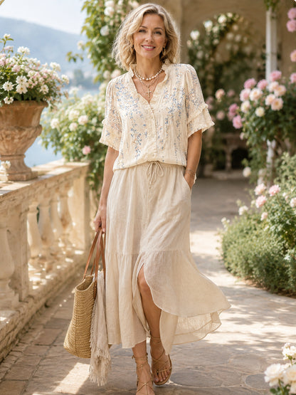 Women’s Boho Floral Short Sleeve Ruffle Top