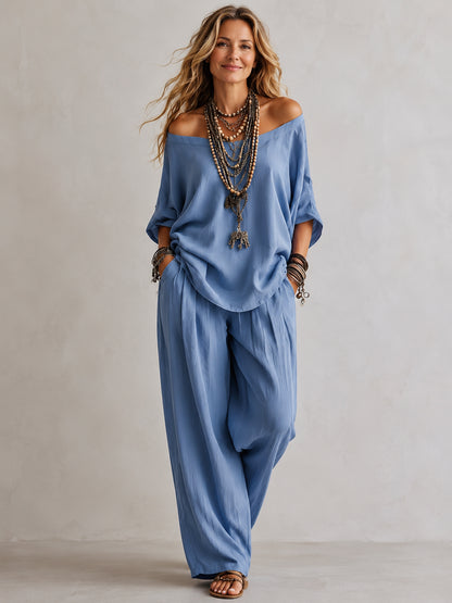 Boho Minimalist Off-Shoulder Matching Pants Set